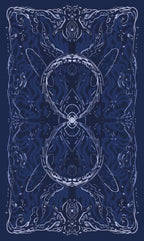 Decorative card with intricate white patterns on a blue background