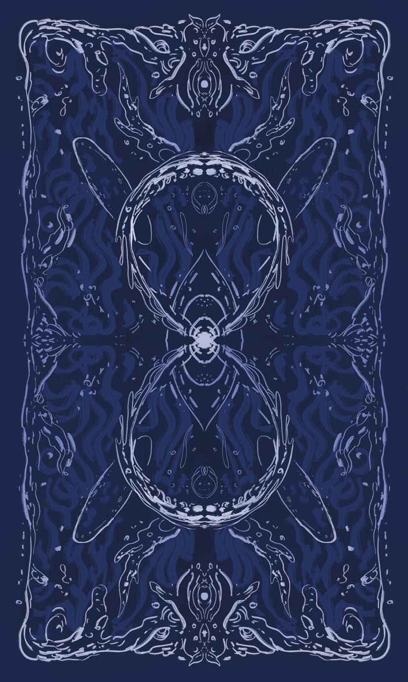 Decorative card with intricate white patterns on a blue background