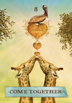 Two giraffes holding hands with a heart and pelican above, against a natural background.
