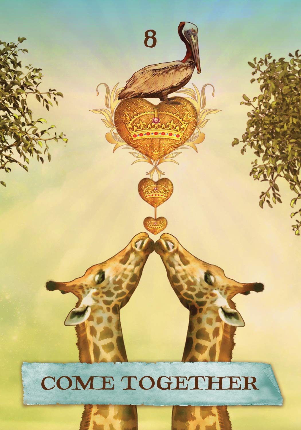 Two giraffes holding hands with a heart and pelican above, against a natural background.