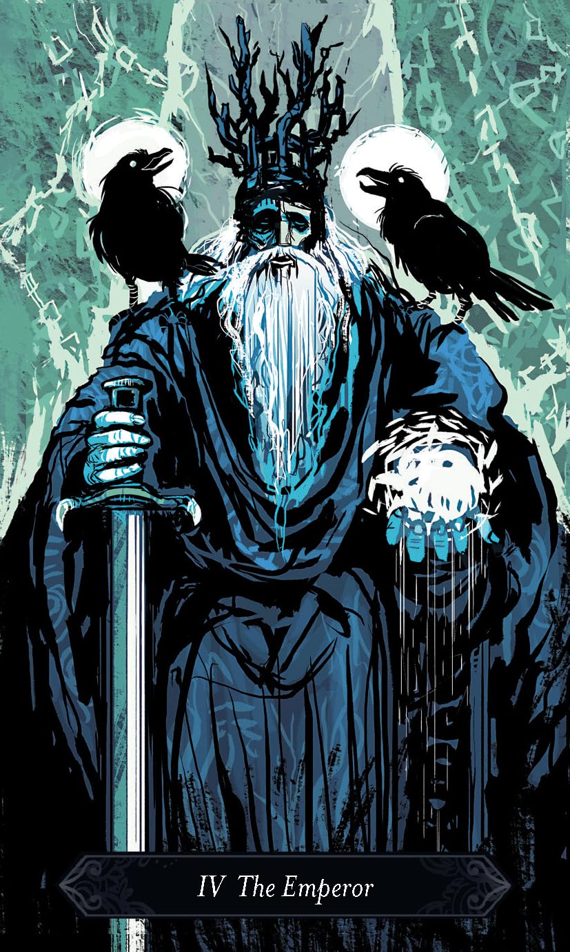 Illustration of 'The Emperor' tarot card with a robed figure, crow, and sword.