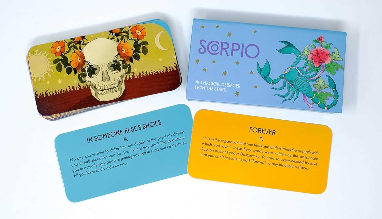 Four cards with different designs and text on a white background