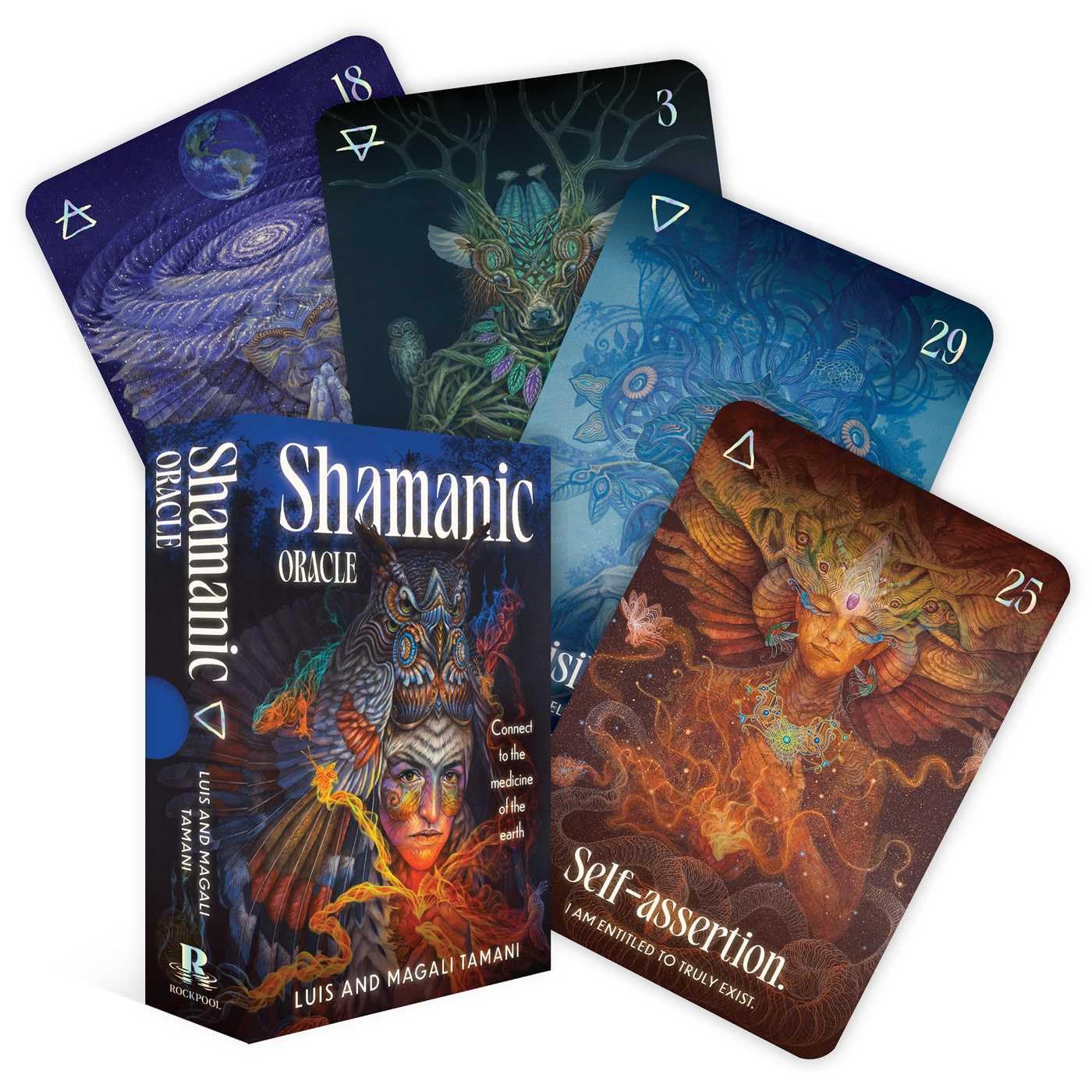 Shamanic Oracle cards with colorful designs and deck box on a white background