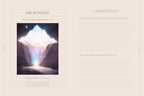 A beige journal page featuring a central fantasy illustration of a glowing mountain with the title 'THE MOUNTAIN' at the top. The right side has lined writing sections titled 'DREAM REFLECTIONS' and prompts for self-reflection.
