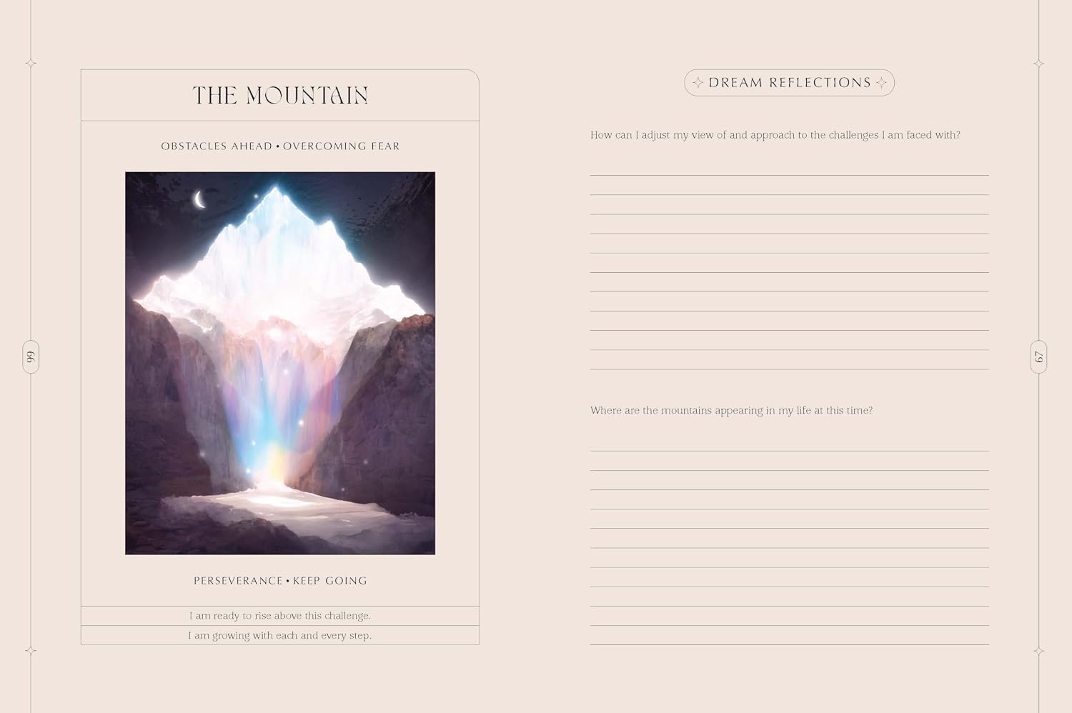 A beige journal page featuring a central fantasy illustration of a glowing mountain with the title 'THE MOUNTAIN' at the top. The right side has lined writing sections titled 'DREAM REFLECTIONS' and prompts for self-reflection.