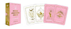 Psychic Awakening Oracle card deck box in pink and gold shown next to four sample oracle cards with white, gold, and pink designs on a clean white background.