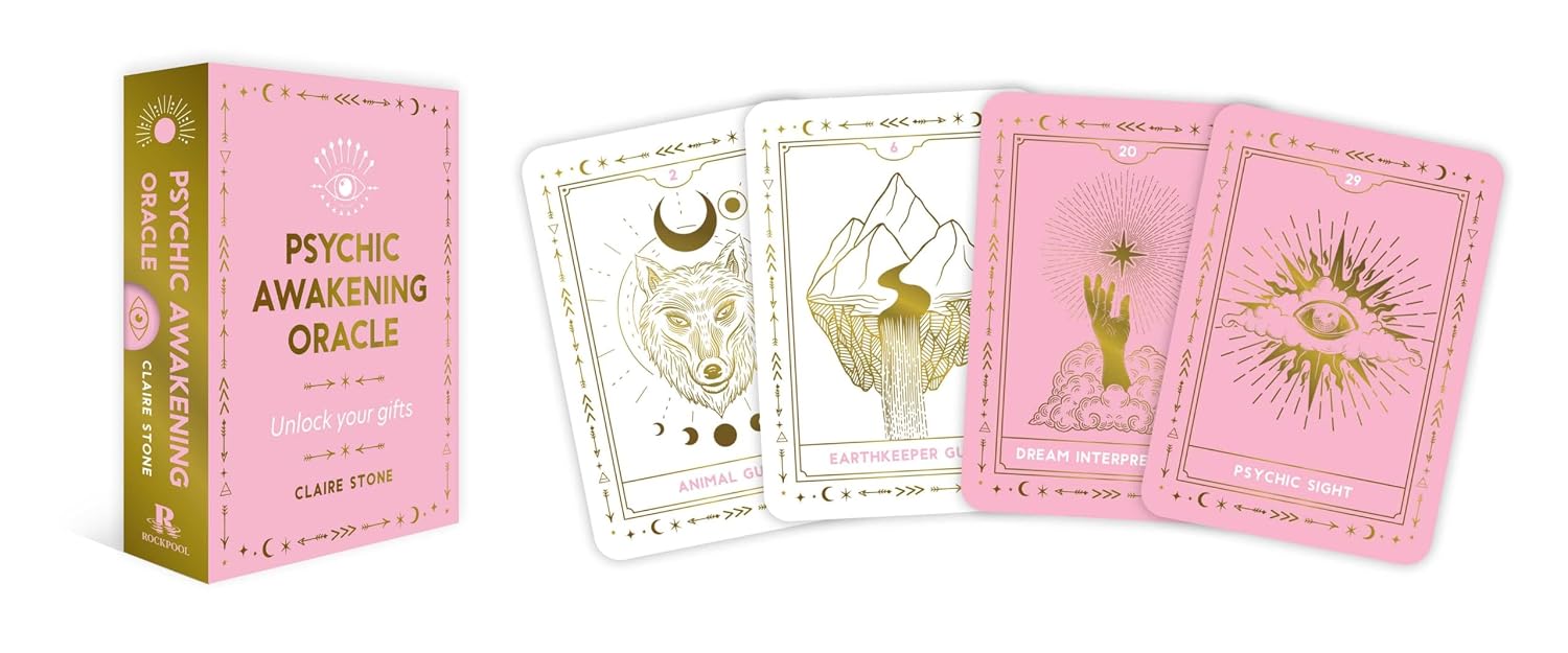 Psychic Awakening Oracle card deck box in pink and gold shown next to four sample oracle cards with white, gold, and pink designs on a clean white background.