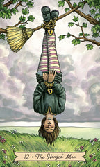 Card from a tarot deck showing 'The Hanged Man' with a person hanging upside down from a broomstick.