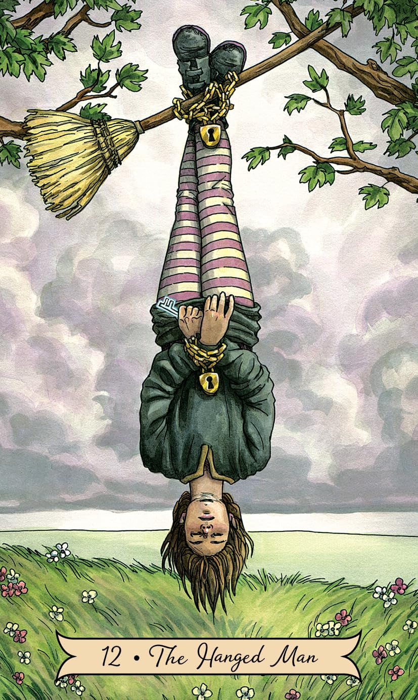 Card from a tarot deck showing 'The Hanged Man' with a person hanging upside down from a broomstick.