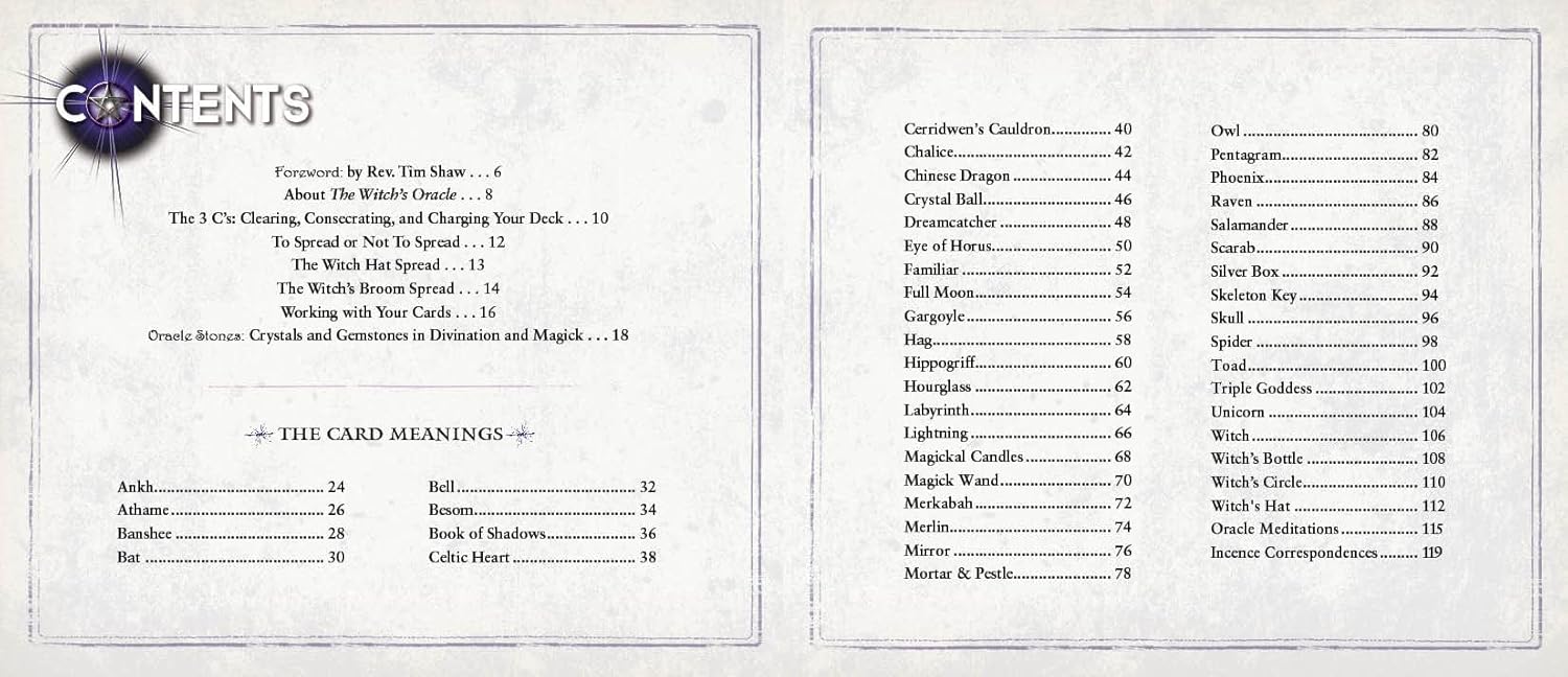 Table of contents from a book or manual with card meanings and categories listed.