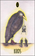 Illustration of a large bird with a smaller bird in a cage, labeled '12 Birds'.