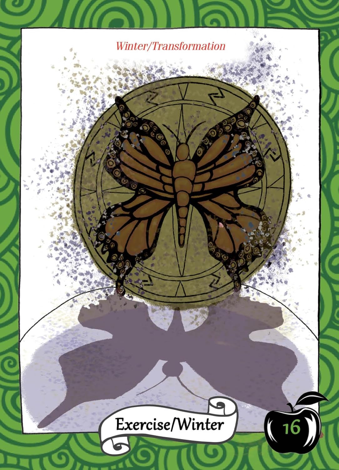 Card with butterfly design and text on a green and white patterned background