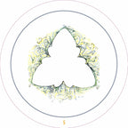 Circular design with a white silhouette of a person surrounded by decorative elements on a white background.