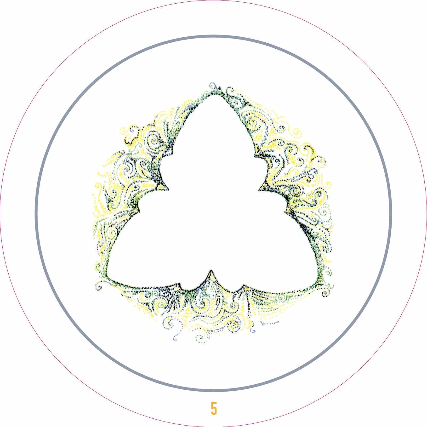 Circular design with a white silhouette of a person surrounded by decorative elements on a white background.
