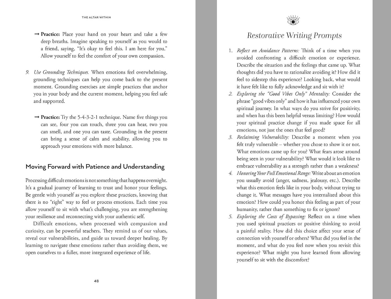 Text page with restorative writing prompts on a gray background