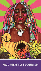 Colorful illustration of a woman with a cornucopia and 'Nourish to Flourish' text on a vibrant background