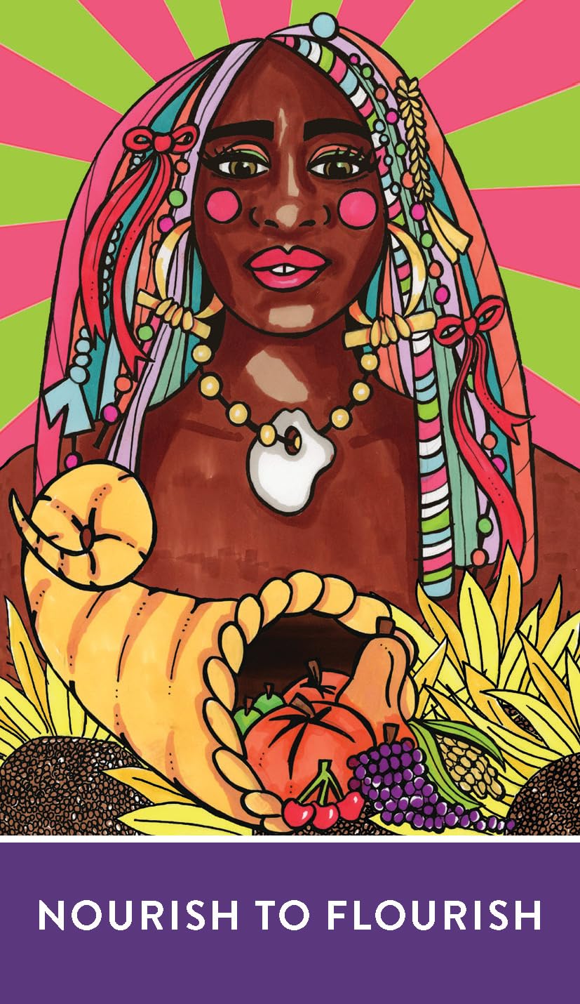 Colorful illustration of a woman with a cornucopia and 'Nourish to Flourish' text on a vibrant background