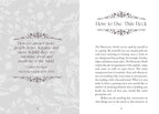 Instructions for using a deck of cards with decorative text and?? on a gray background