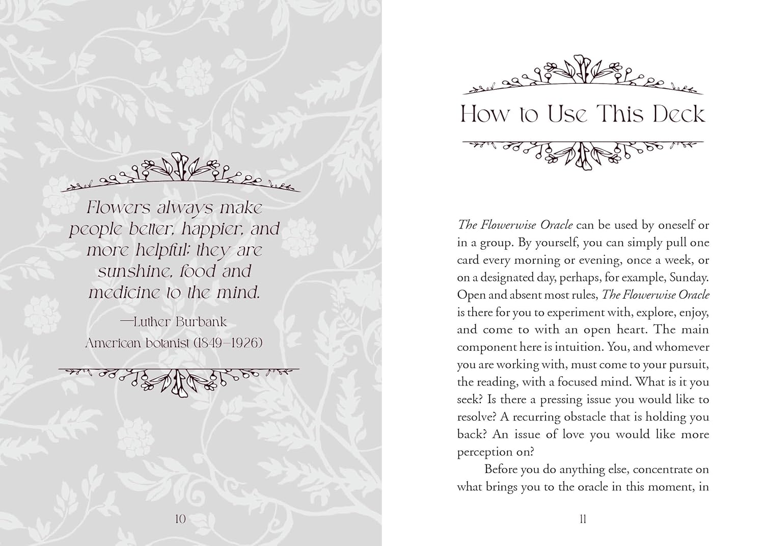Instructions for using a deck of cards with decorative text and?? on a gray background