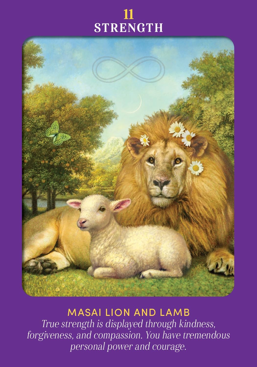 Card featuring a Masai lion and lamb with a purple border and text about strength.