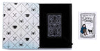 Collection of books with black and white designs on a white background