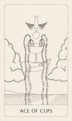 Line drawing of a tarot card titled 'Ace of Cups' with a person holding a bowl and a dove above.