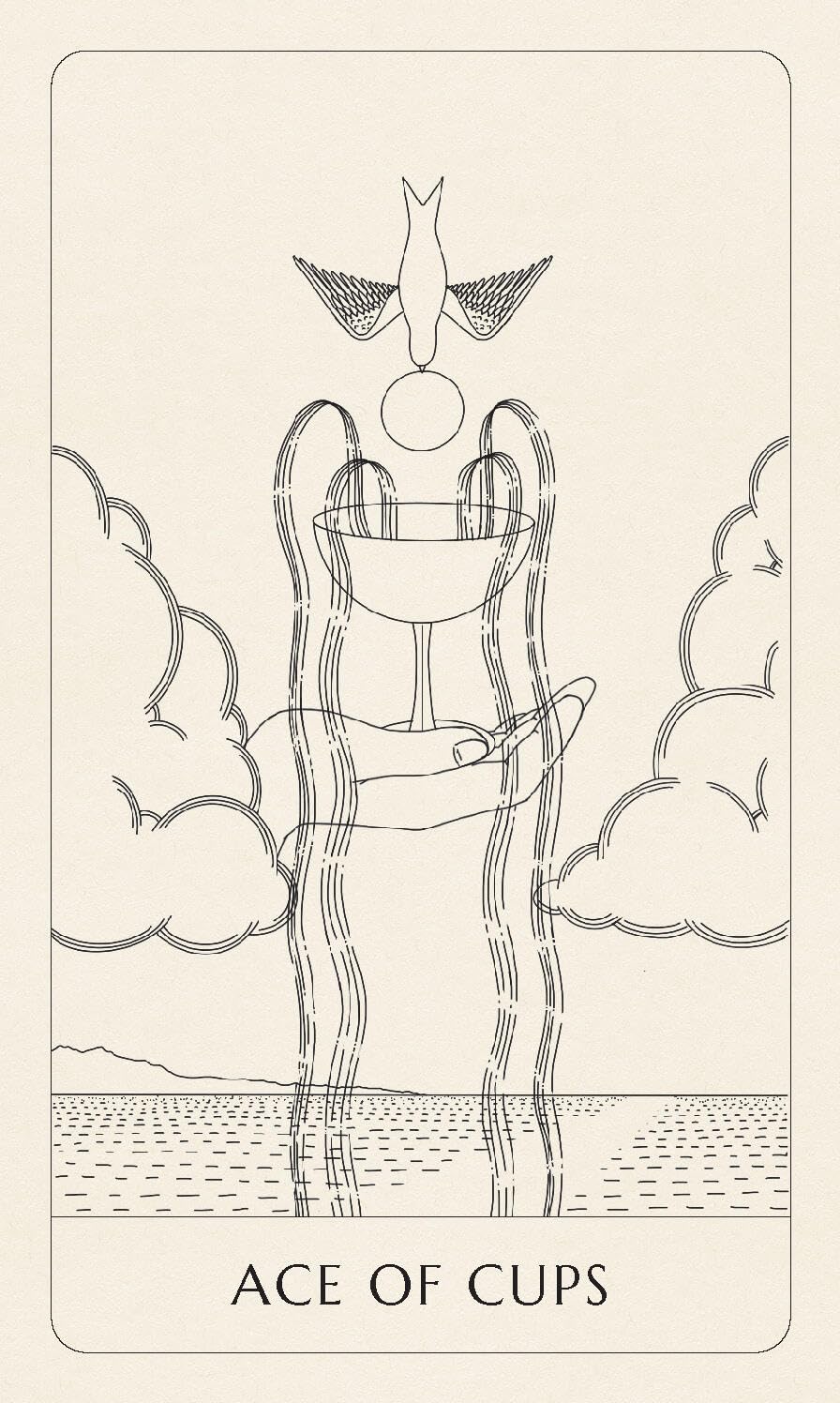 Line drawing of a tarot card titled 'Ace of Cups' with a person holding a bowl and a dove above.