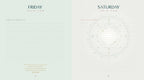 A two-page spread of a minimalist weekly planner or journal cover, labeled Friday and Saturday, with lined writing areas and subtle decorative graphics on a pale green and off-white background.