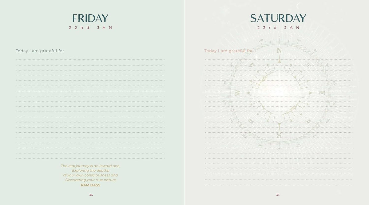 A two-page spread of a minimalist weekly planner or journal cover, labeled Friday and Saturday, with lined writing areas and subtle decorative graphics on a pale green and off-white background.