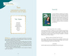Book page with text and a card featuring a woman and nature, on a light blue background.