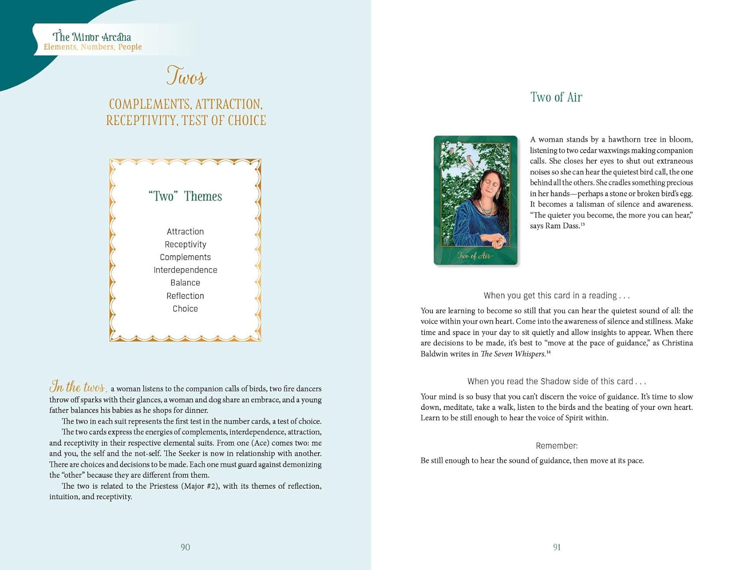 Book page with text and a card featuring a woman and nature, on a light blue background.