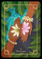 Card titled 'The Lovers' with two hands holding flowers against a leafy background