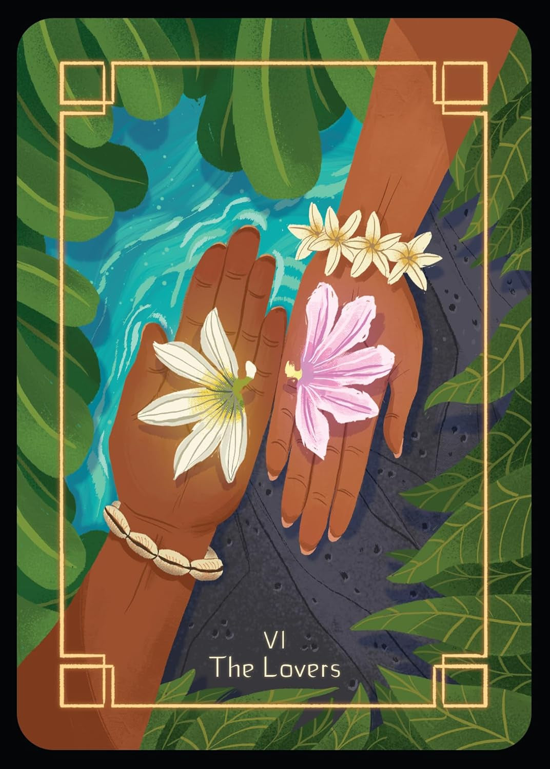 Card titled 'The Lovers' with two hands holding flowers against a leafy background