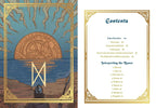 A book or booklet spread showing an illustrated cover with a golden sun, water, and runic symbol on the left, and a printed Contents page with decorative gold border on the right.