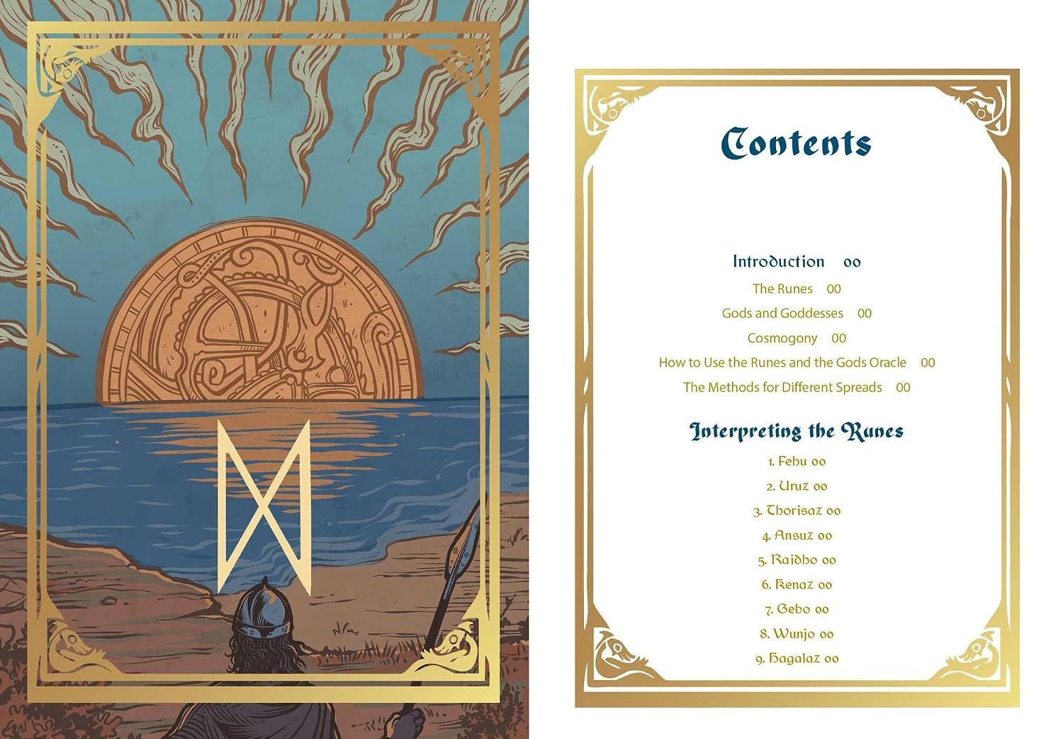 A book or booklet spread showing an illustrated cover with a golden sun, water, and runic symbol on the left, and a printed Contents page with decorative gold border on the right.