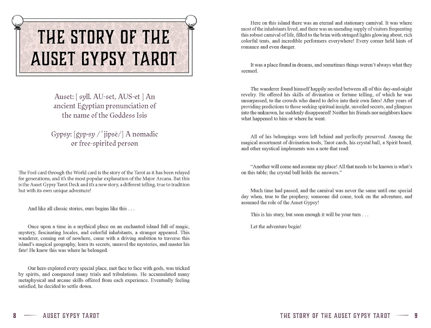Page from a book or document titled 'The Story of the Auset Gypsy Tarot' with text and design elements.