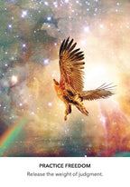 Eagle flying in a starry sky with a rainbow, accompanied by the text 'Practice freedom. Release the weight of judgment.'