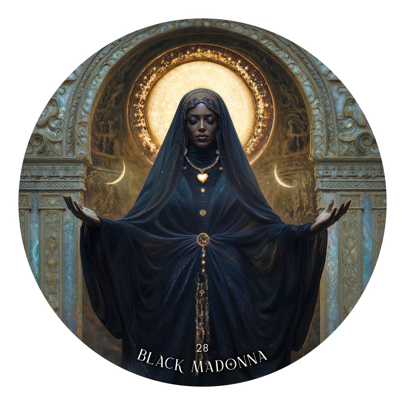 Artistic depiction of a figure in a dark blue robe with gold accents against an ornate, golden background.
