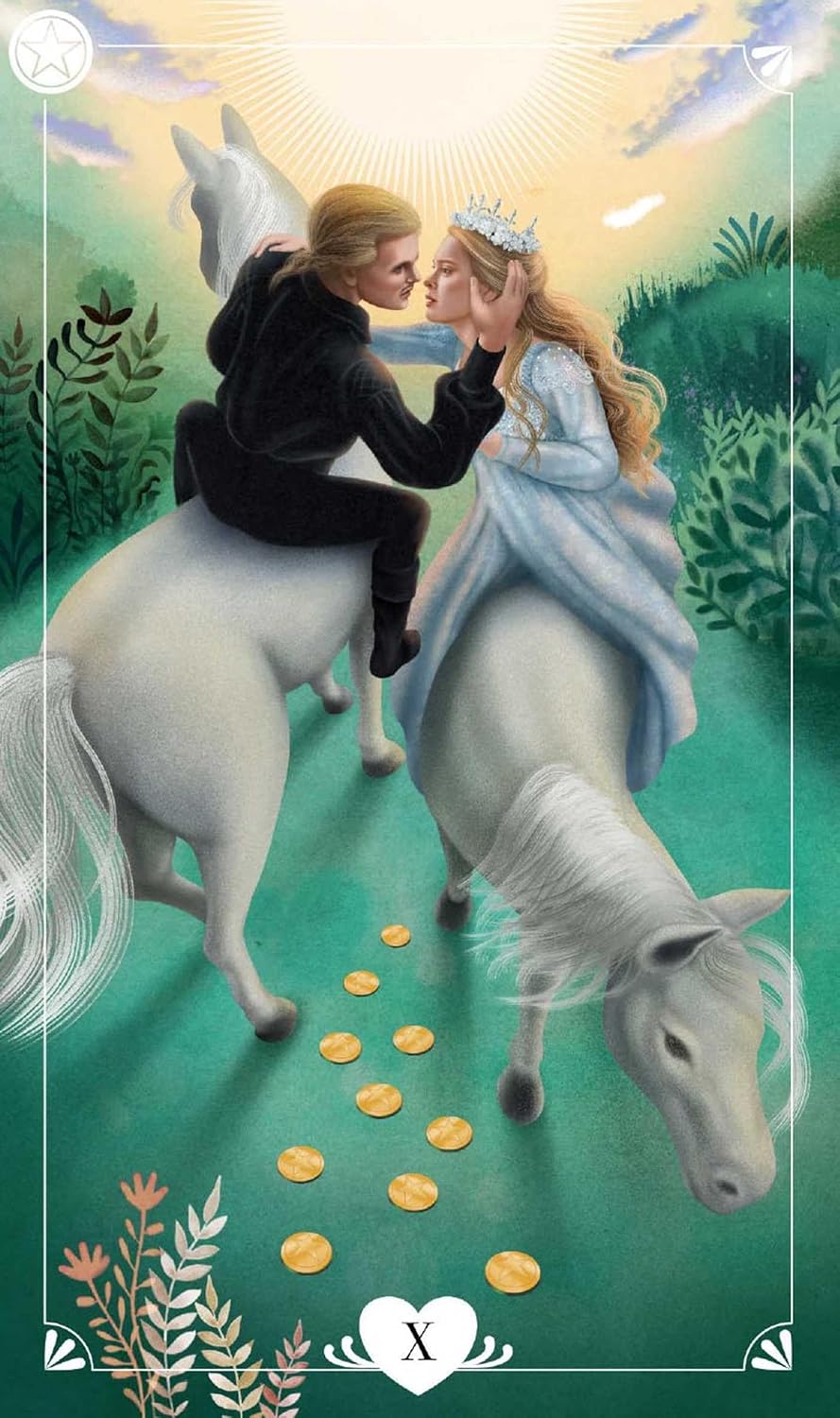 A fantasy-style illustration showing a man in a black suit riding a white horse while kissing a woman in a light blue gown wearing a crown, who is riding a green horse. Gold coins line the path between them, with a bright sun and clouds in the sky above.