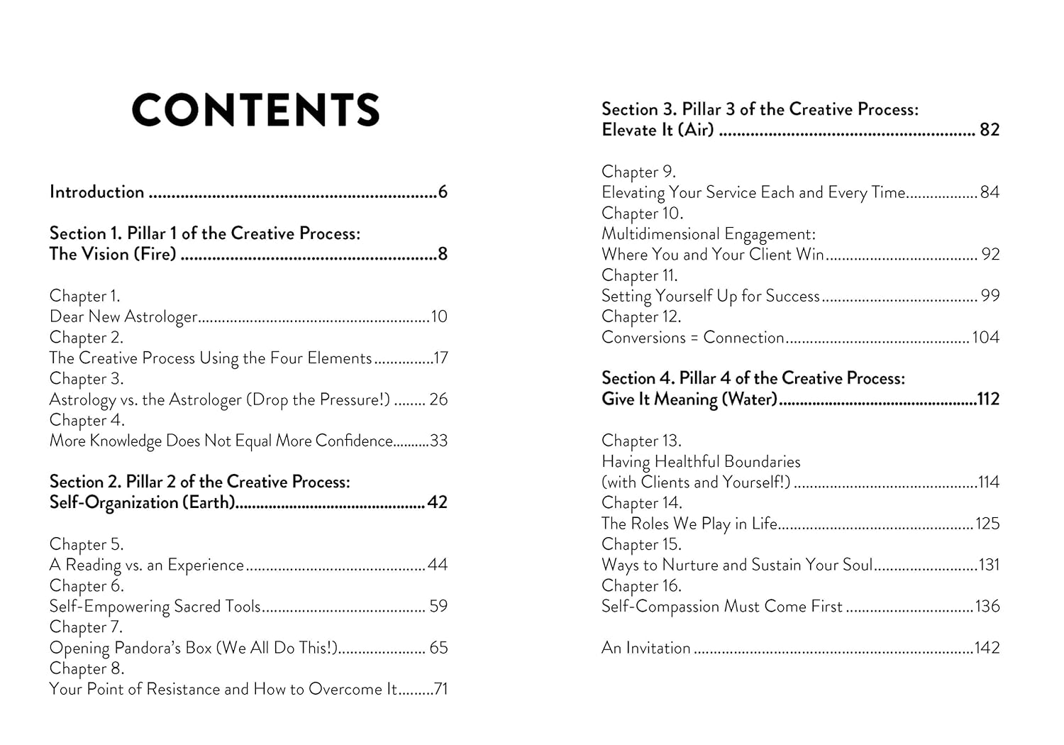 Table of contents for a book or document on the creative process, with section titles and page numbers.