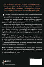 Back cover of a book titled The Shadow Work Journal, featuring a black background with orange and white text, a brief description of the expanded edition, author Keila Shaheen, and a barcode at the bottom right.
