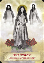Three figures in ornate clothing with a halo, surrounded by roses, on a textured background with 'The Legacy' text.