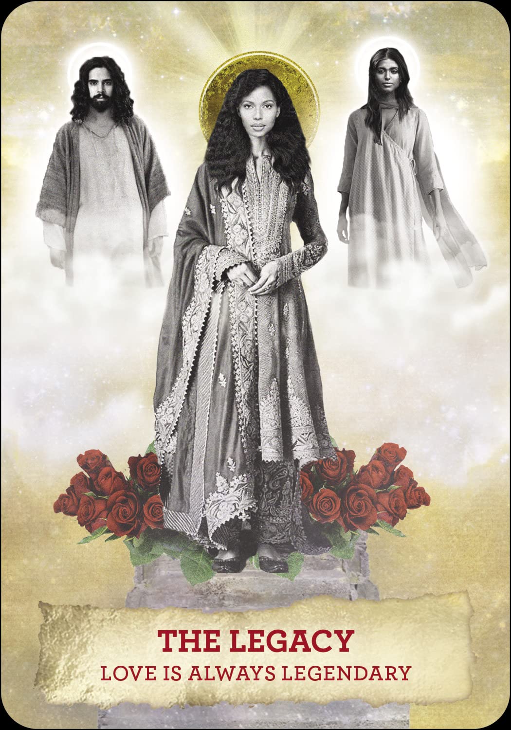 Three figures in ornate clothing with a halo, surrounded by roses, on a textured background with 'The Legacy' text.