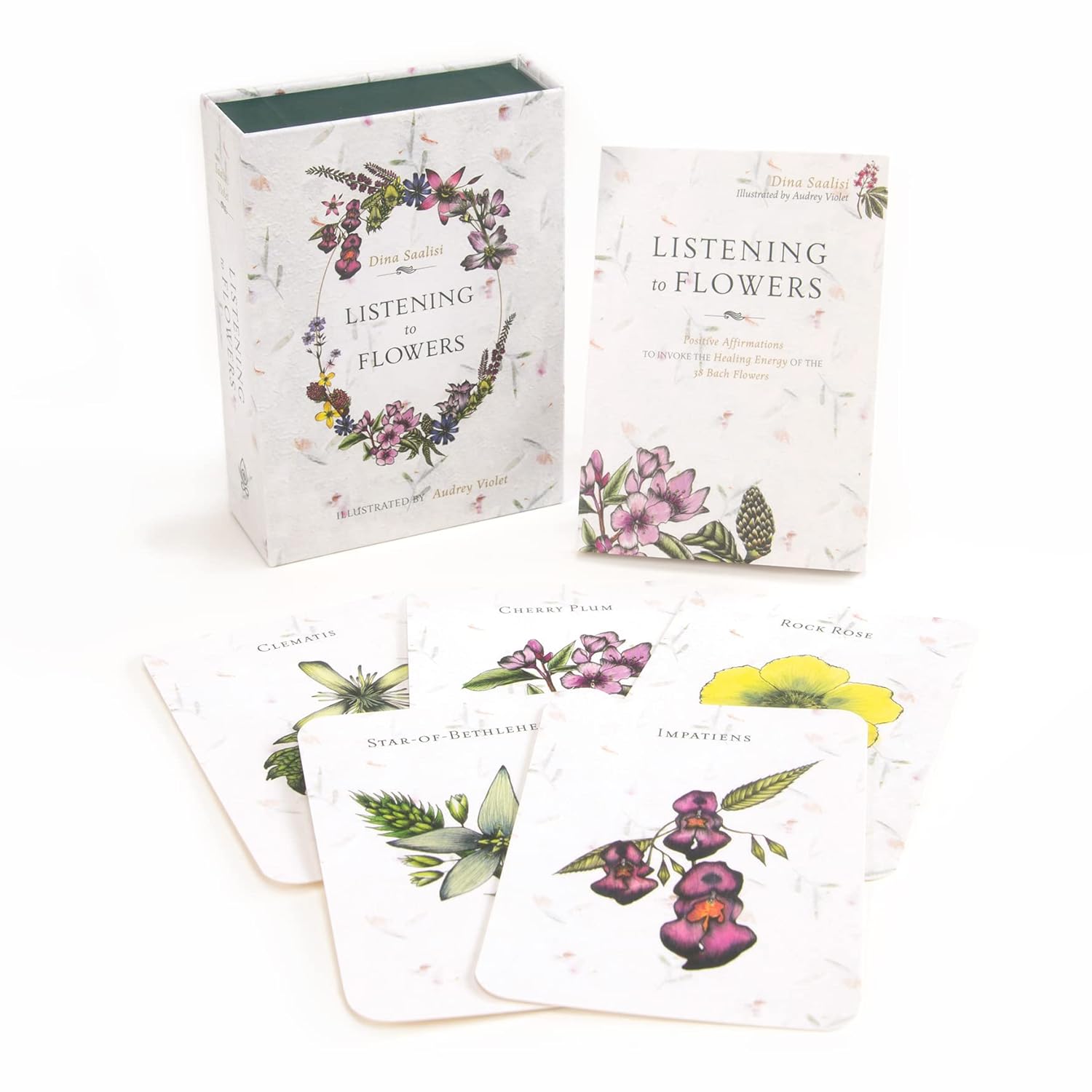Card set titled 'Listening to Flowers' with floral designs on a white background