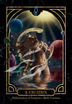 Tarot card featuring a woman with long hair and a glowing aura, surrounded by planets and celestial elements.