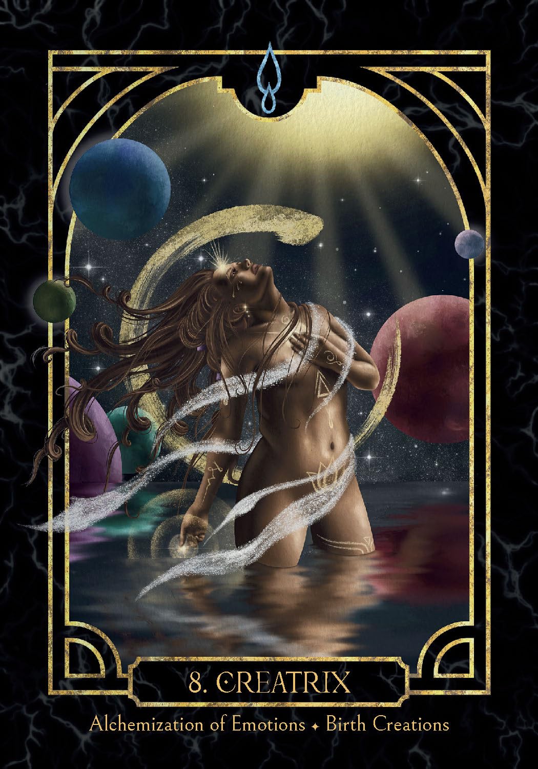 Tarot card featuring a woman with long hair and a glowing aura, surrounded by planets and celestial elements.
