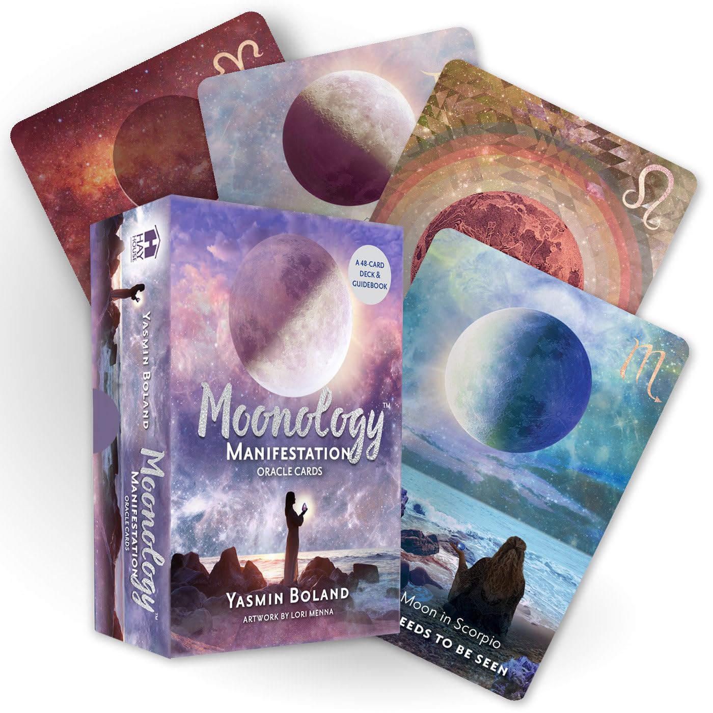 Moonology Manifestation Oracle Cards by Yasmin Boland with colorful card designs on a white background.