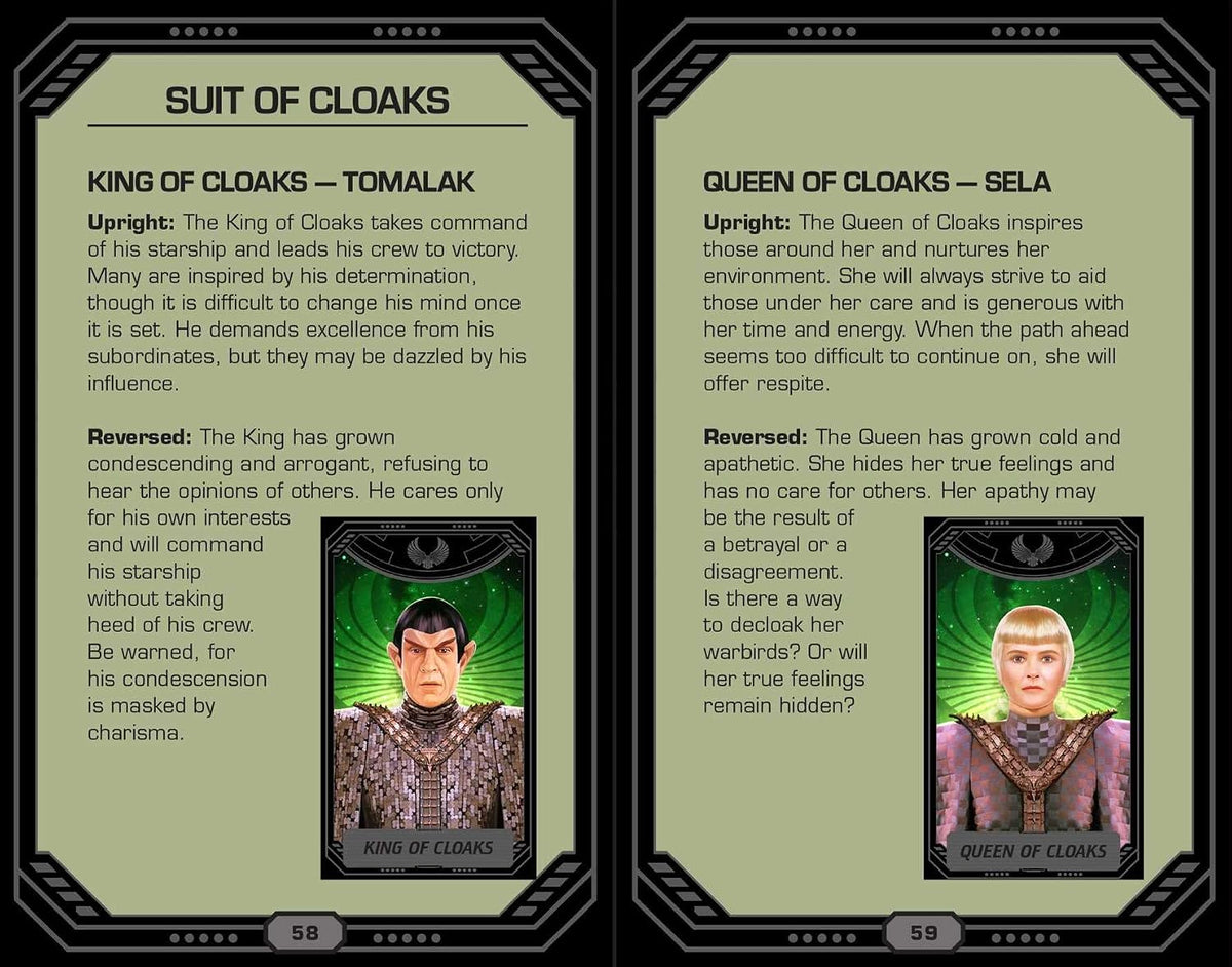 A two-page spread from a card game booklet titled 'SUIT OF CLOAKS,' showing character cards and text for TOMALAK and SELA. The pages have a dark ornate border, beige text panels, and small character portraits at the bottom.