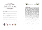 Table of contents page from a book with text and floral illustrations on a white background