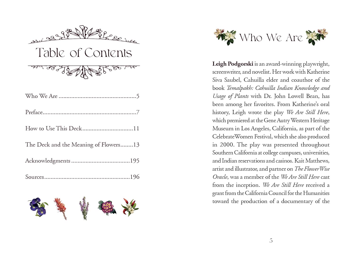 Table of contents page from a book with text and floral illustrations on a white background